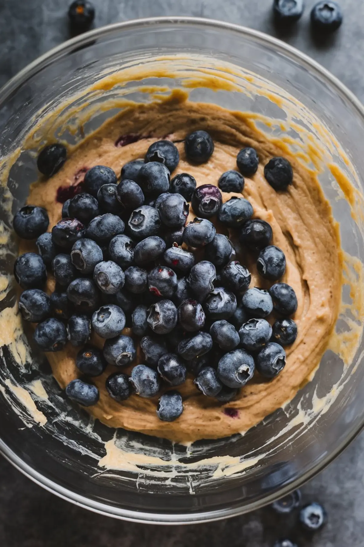 Mixing bowl filled with creamy batter and a generous layer of fresh blueberries on top, set on a dark countertop with a few scattered berries, capturing the ingredient blending step.