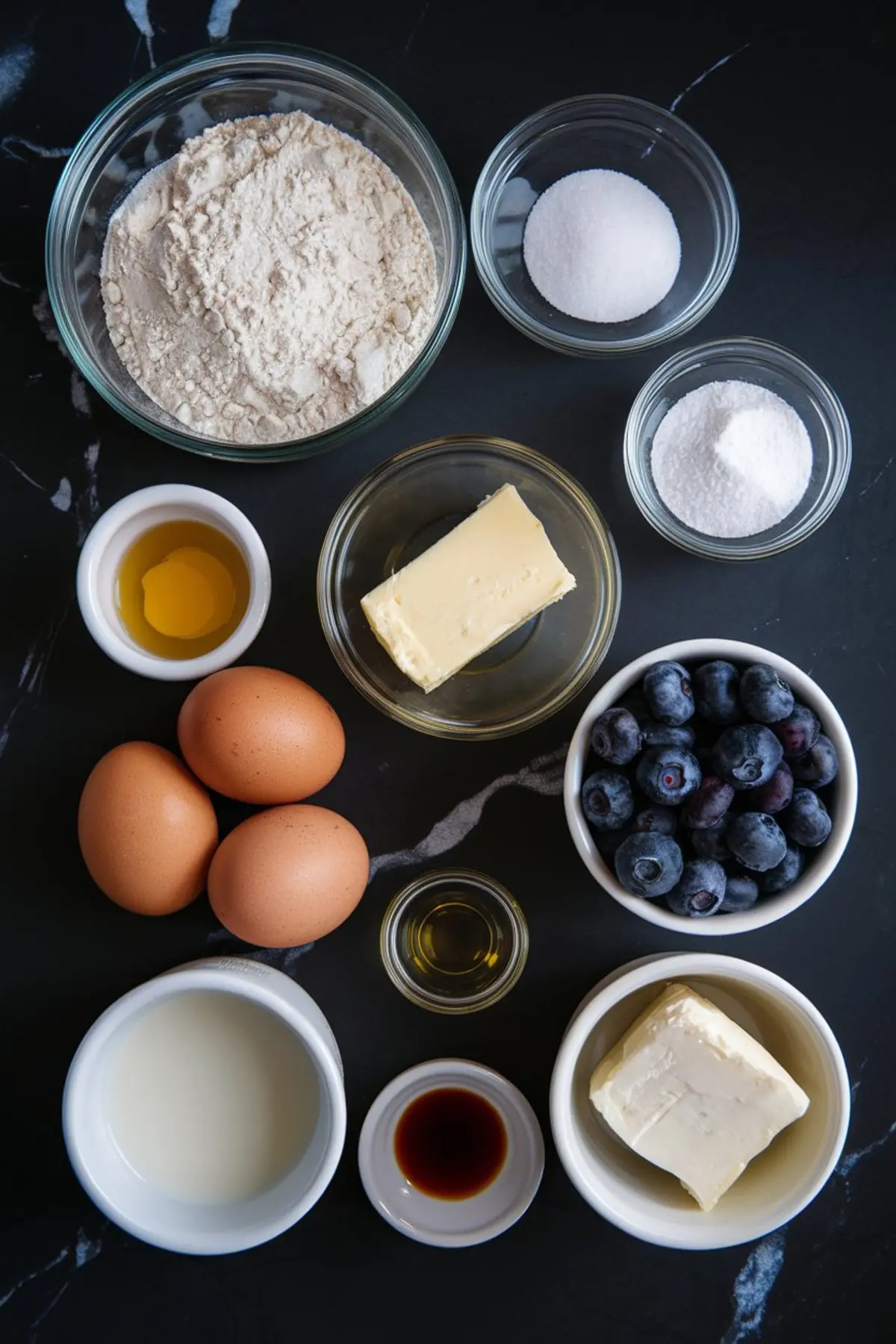 Flat lay of measured muffin ingredients including flour, sugar, baking powder, butter, eggs, vanilla, milk, blueberries, and cream cheese, all arranged in small glass and ceramic bowls on a dark countertop.
