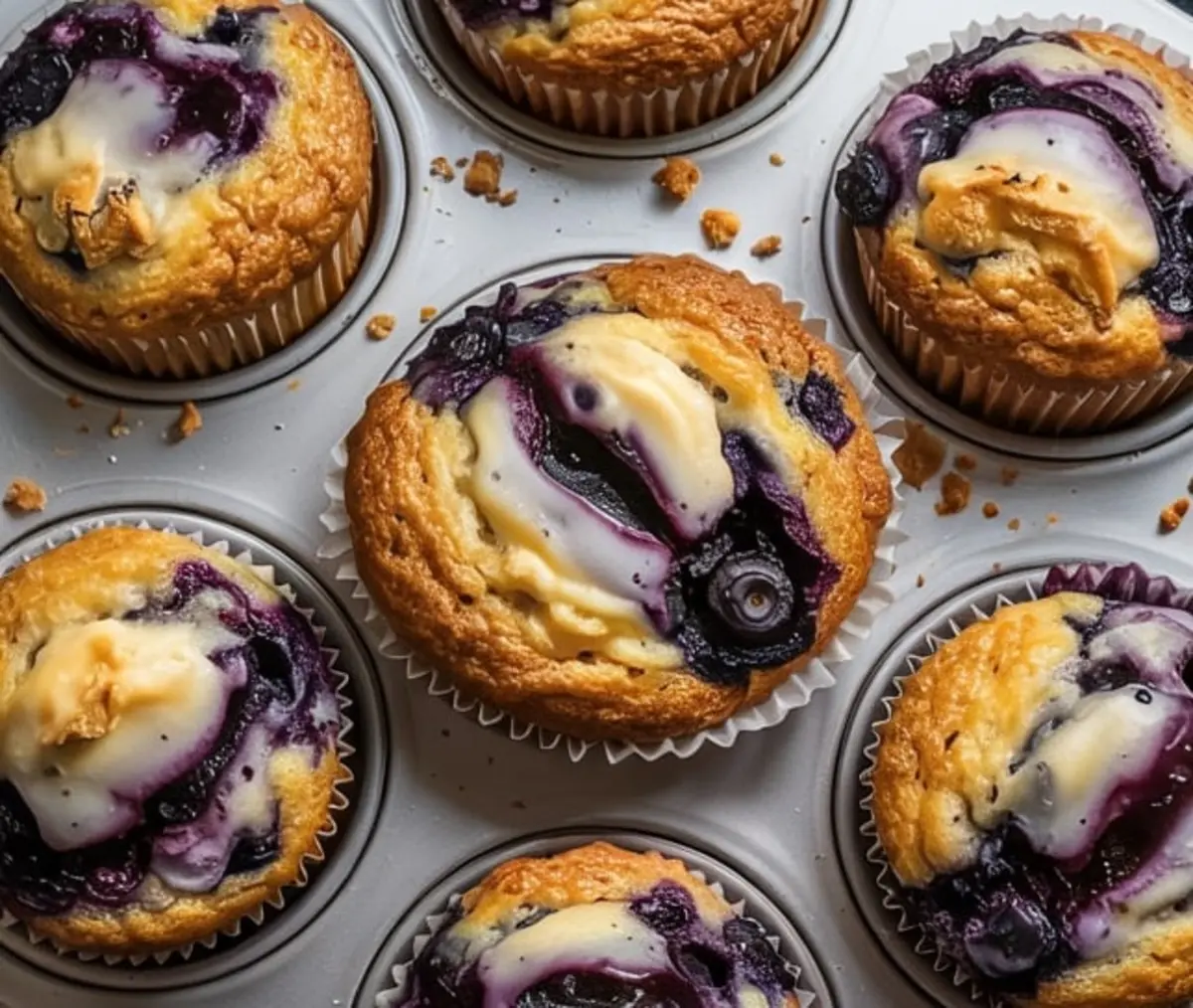 Close-up view of freshly baked blueberry cream cheese muffins in a muffin tin, showing golden brown tops with swirled cream cheese and deep purple blueberry bursts, surrounded by scattered crumbs.