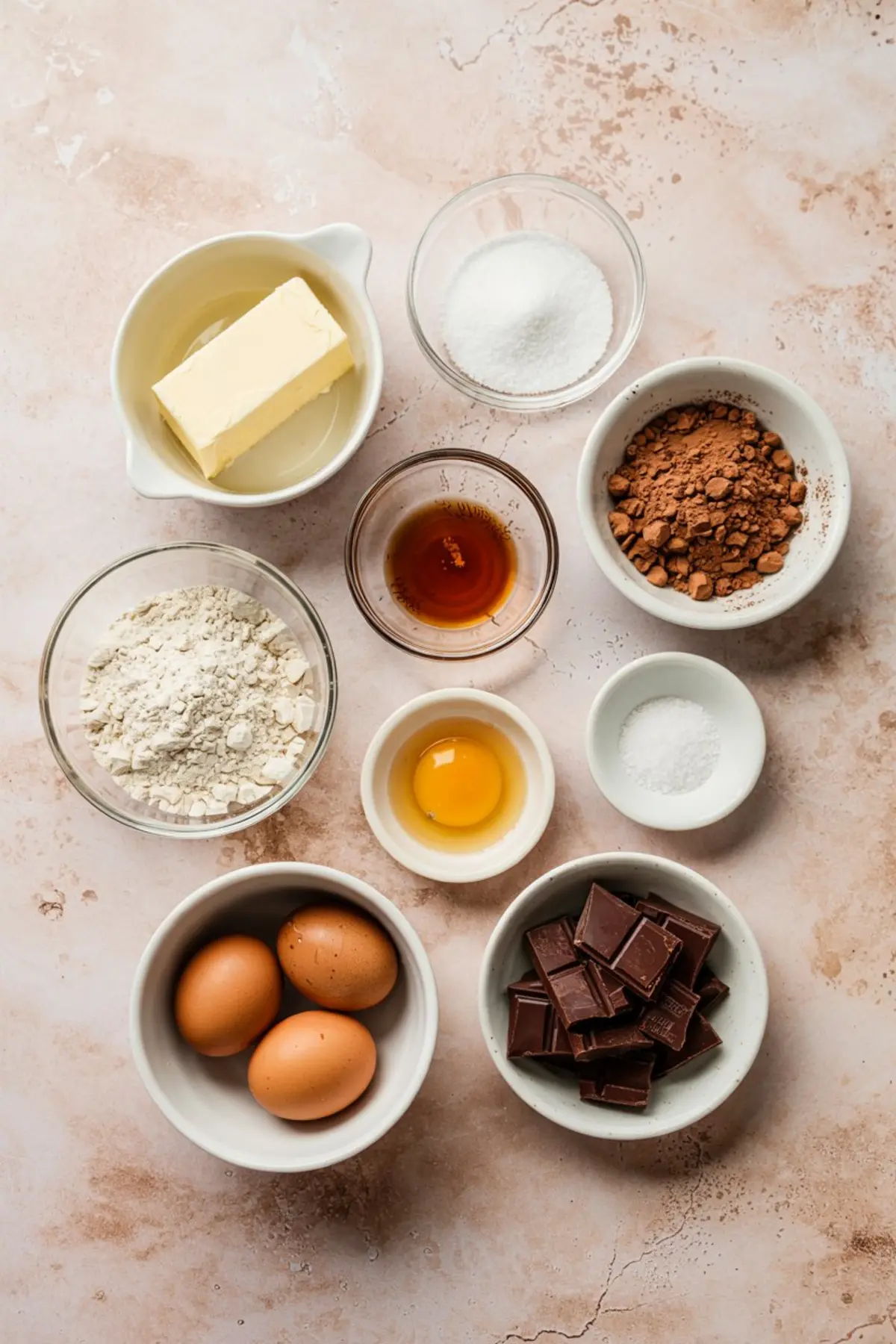 Flat lay of all brownie ingredients in small bowls including butter, sugar, flour, cocoa powder, chocolate chunks, eggs, vanilla extract, and salt arranged on a beige countertop.