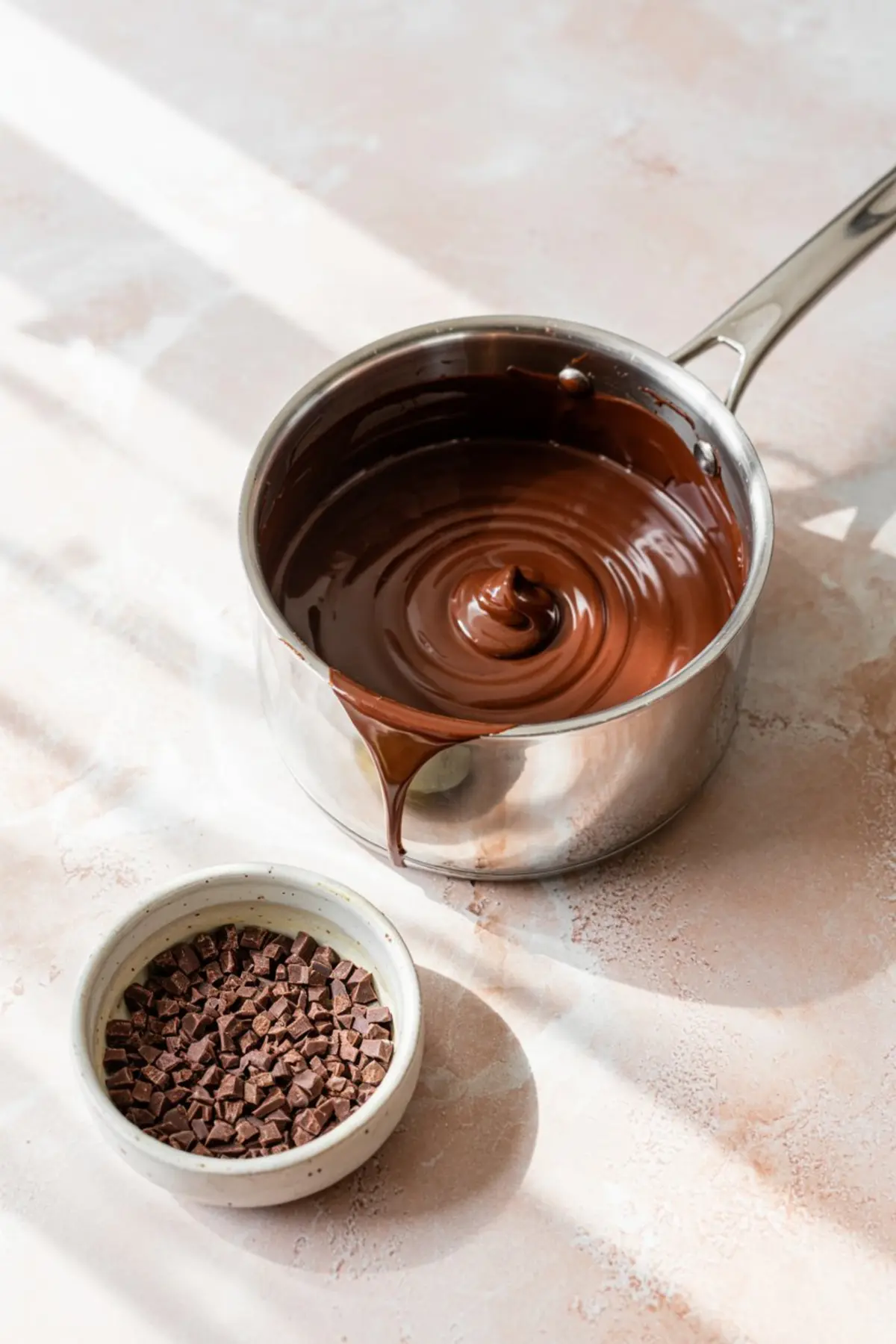 Saucepan filled with glossy melted chocolate next to a small ceramic bowl of chopped chocolate chunks on a textured light surface.
