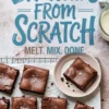 Overhead view of a cooling rack lined with parchment holding square-cut brownies sprinkled with sea salt, with a title text overlay reading “Brownies From Scratch – Melt. Mix. Done.”