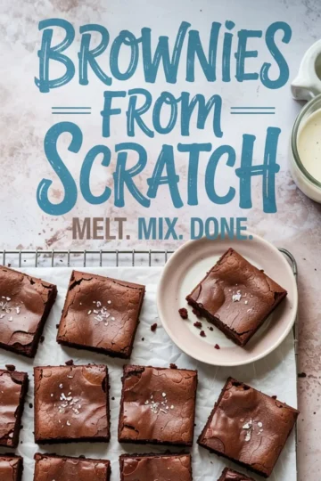 Overhead view of a cooling rack lined with parchment holding square-cut brownies sprinkled with sea salt, with a title text overlay reading “Brownies From Scratch – Melt. Mix. Done.”