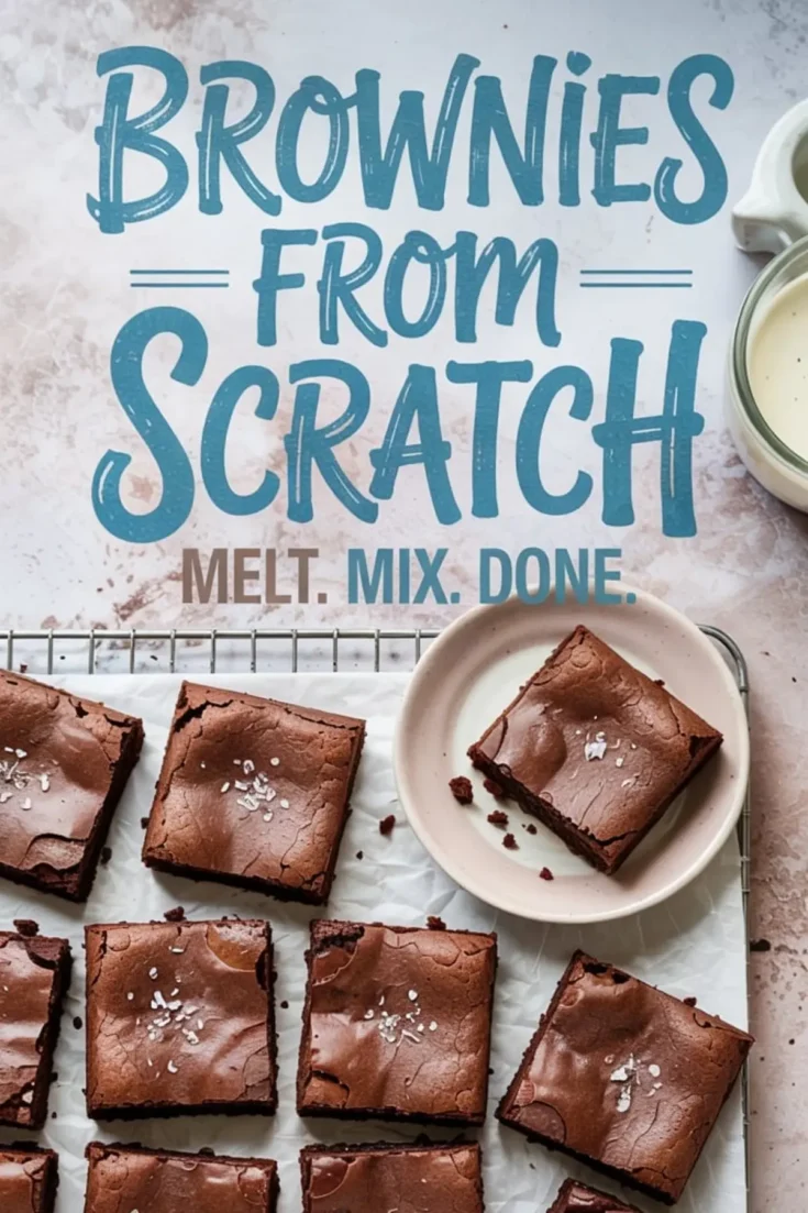 Overhead view of a cooling rack lined with parchment holding square-cut brownies sprinkled with sea salt, with a title text overlay reading “Brownies From Scratch – Melt. Mix. Done.”