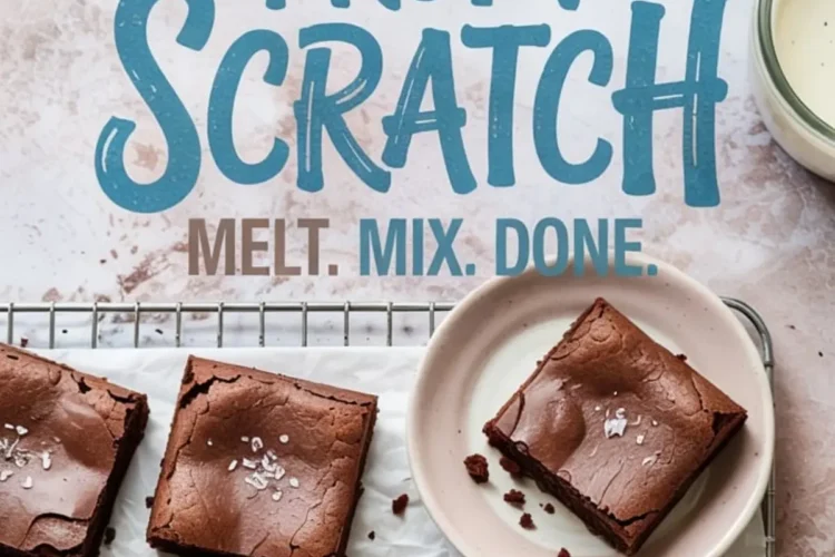 Overhead view of a cooling rack lined with parchment holding square-cut brownies sprinkled with sea salt, with a title text overlay reading “Brownies From Scratch – Melt. Mix. Done.”