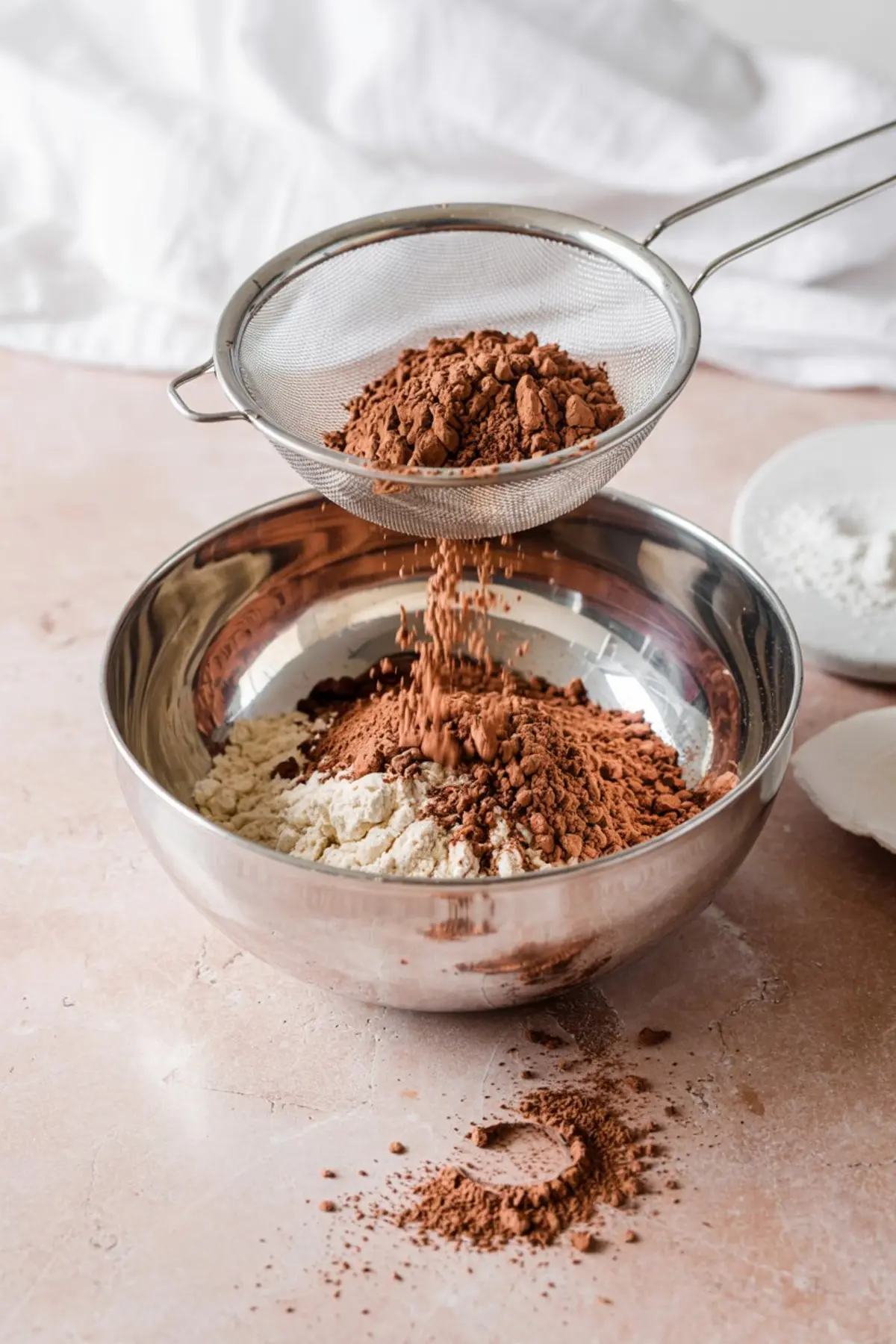 Action shot of cocoa powder being sifted over a bowl of flour in a metal mixing bowl, highlighting the dry ingredient preparation for brownies.