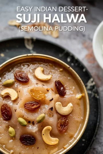 Close-up of suji halwa served in a brass bowl, garnished with golden raisins, cashews, and green cardamom pods. This creamy Indian semolina dessert features a smooth texture and rich ghee glaze, ideal for festive sweets or traditional Indian recipes.
