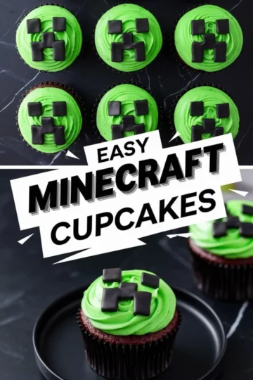 Chocolate cupcakes topped with green frosting and black fondant Minecraft Creeper faces, arranged in a grid with a bold “Easy Minecraft Cupcakes” label.