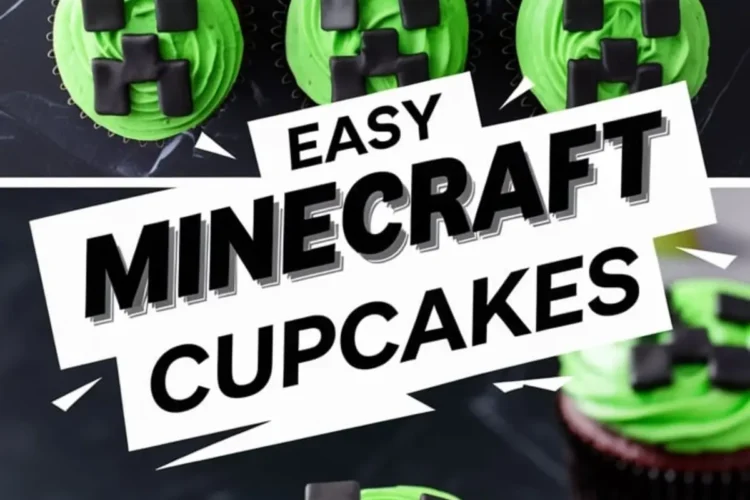 Chocolate cupcakes topped with green frosting and black fondant Minecraft Creeper faces, arranged in a grid with a bold “Easy Minecraft Cupcakes” label.