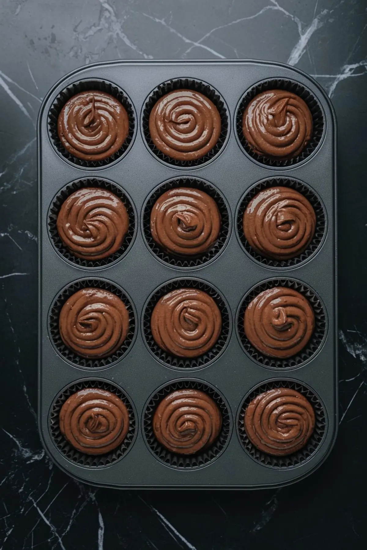 Muffin tin filled with swirled chocolate cupcake batter in black paper liners, ready for baking, photographed from above on a dark marble surface.