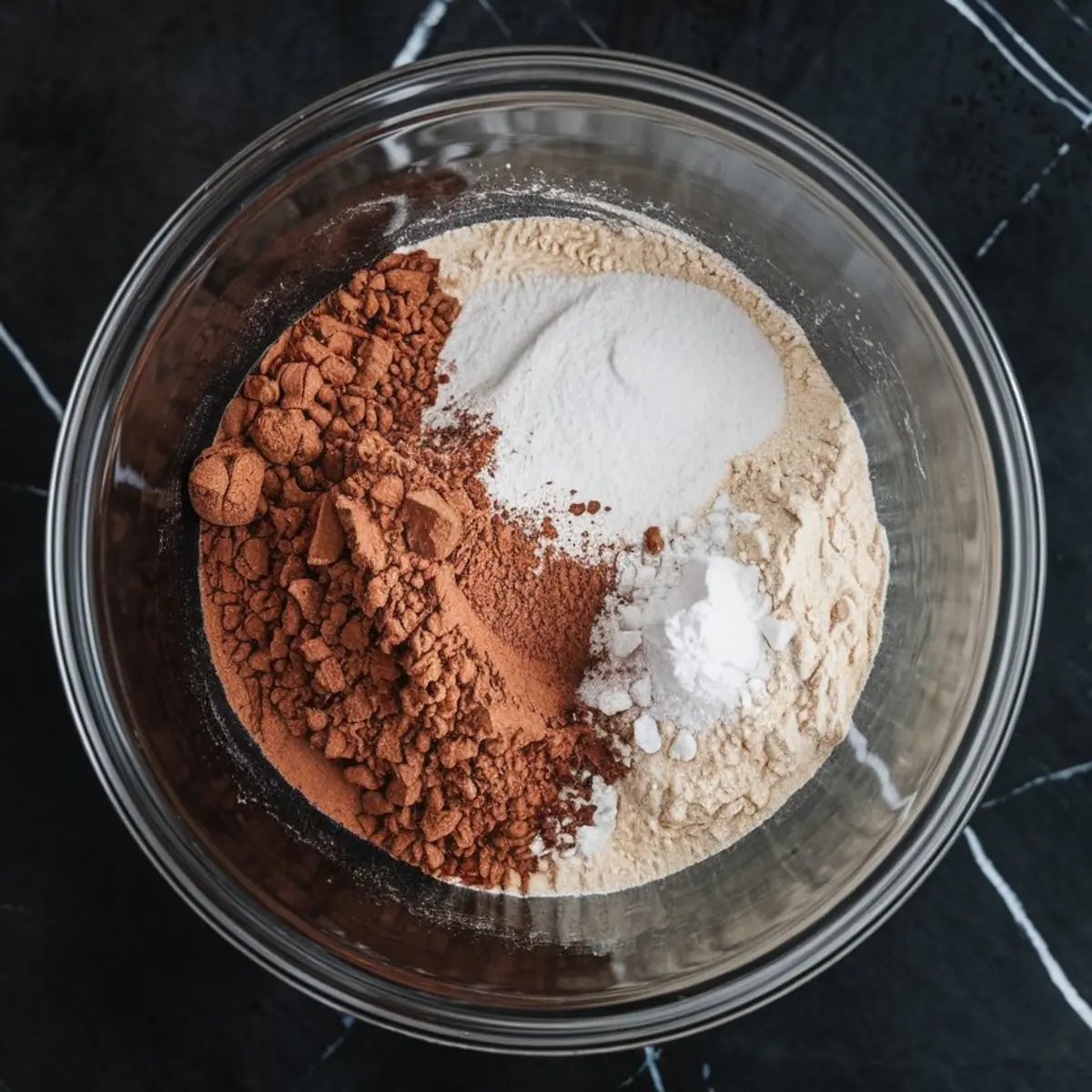 Overhead view of dry baking ingredients including cocoa powder, flour, baking soda, and sugar in a clear mixing bowl on a dark marble surface.