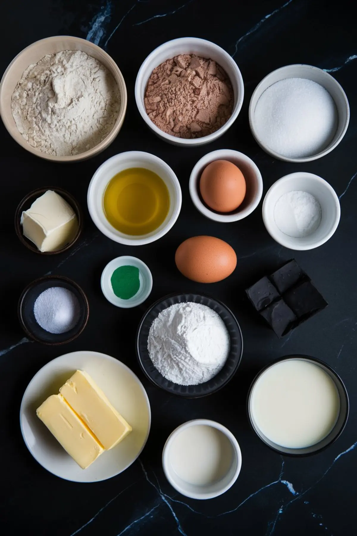 Flat lay of baking ingredients in small bowls, including flour, cocoa powder, eggs, sugar, oil, butter, powdered sugar, milk, vanilla, green food coloring, and black fondant on a black background.