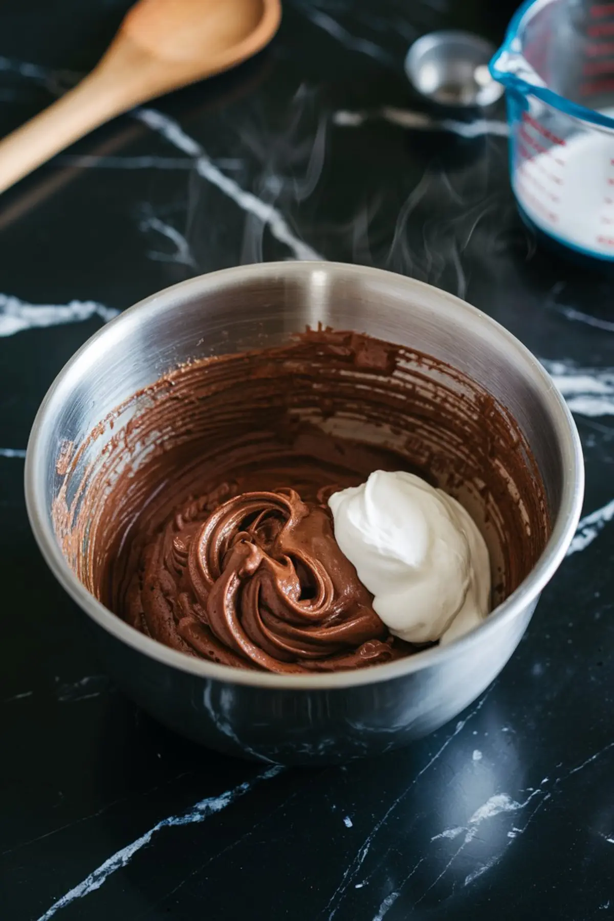 Mixing bowl with swirled chocolate cupcake batter and a dollop of whipped egg whites, placed on a dark marble countertop with baking tools nearby.