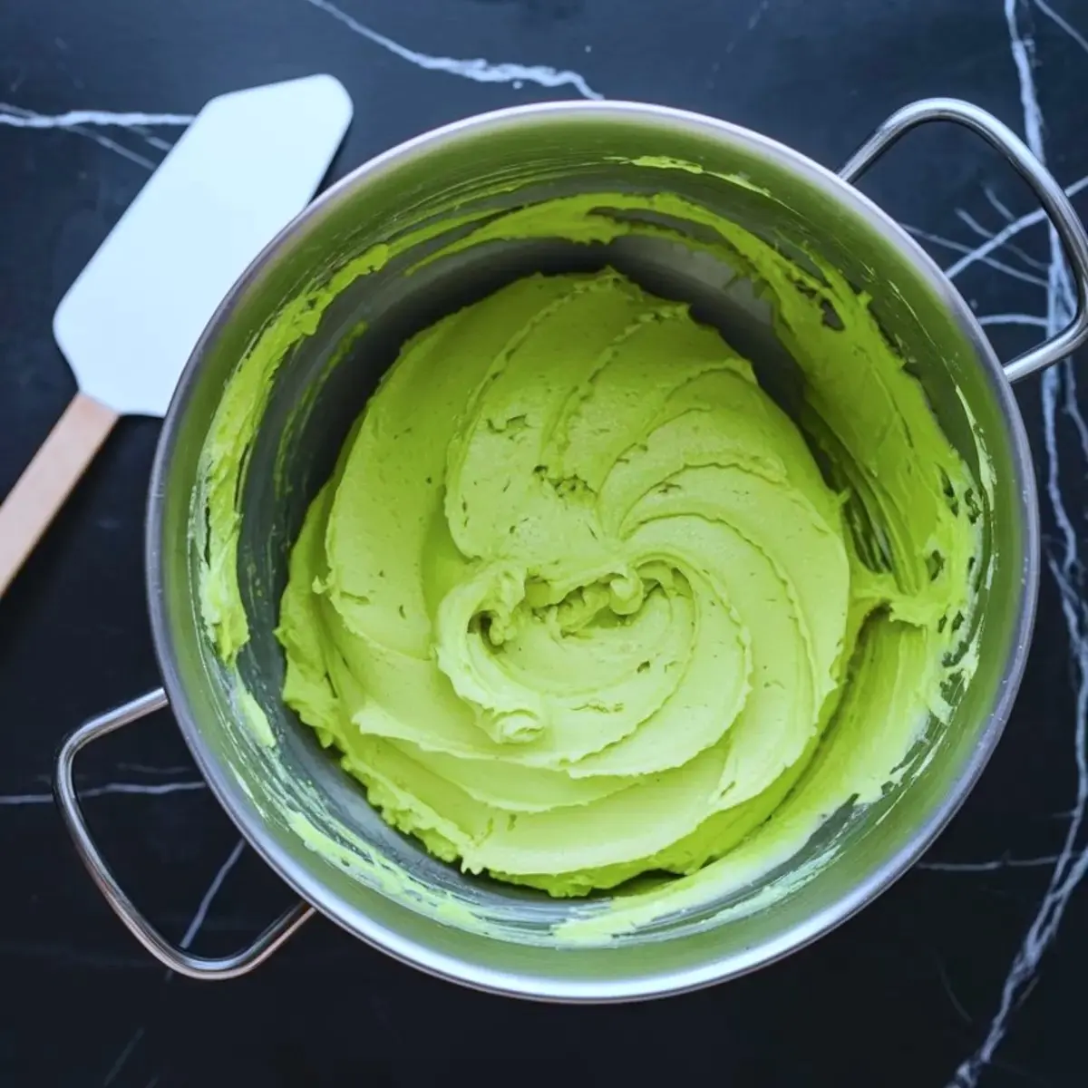 Bright green buttercream frosting swirled in a large metal mixing bowl on a black marble countertop, with a white spatula resting beside it.