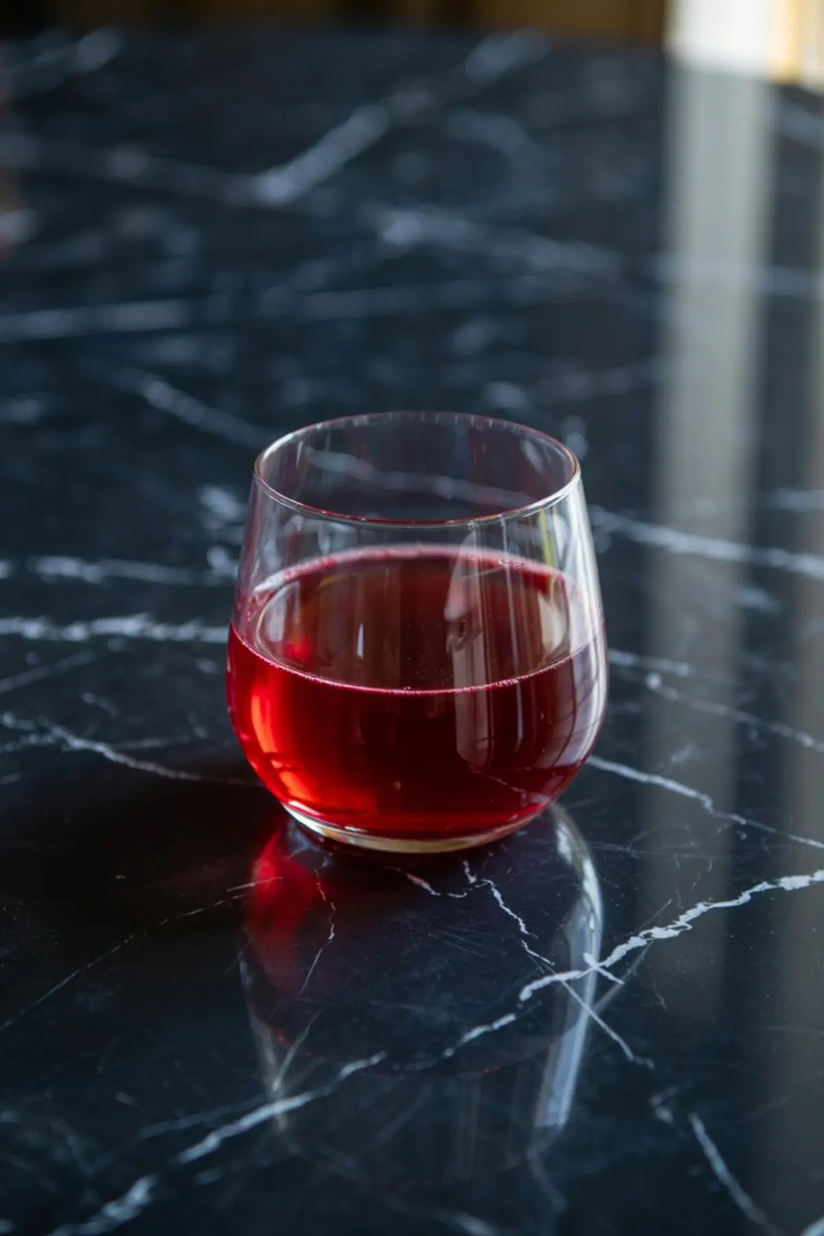 A clear glass filled with deep red pomegranate juice sits on a glossy black marble countertop with white veining, reflecting natural light.
