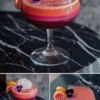A collage of three shots highlighting a colorful layered mocktail with deep pink and orange tones, topped with a large ice sphere, garnished with a purple edible flower and an orange peel twist, served in a coupe glass on a black marble table.
