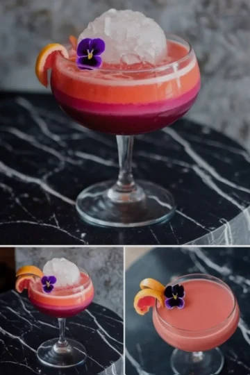 A collage of three shots highlighting a colorful layered mocktail with deep pink and orange tones, topped with a large ice sphere, garnished with a purple edible flower and an orange peel twist, served in a coupe glass on a black marble table.