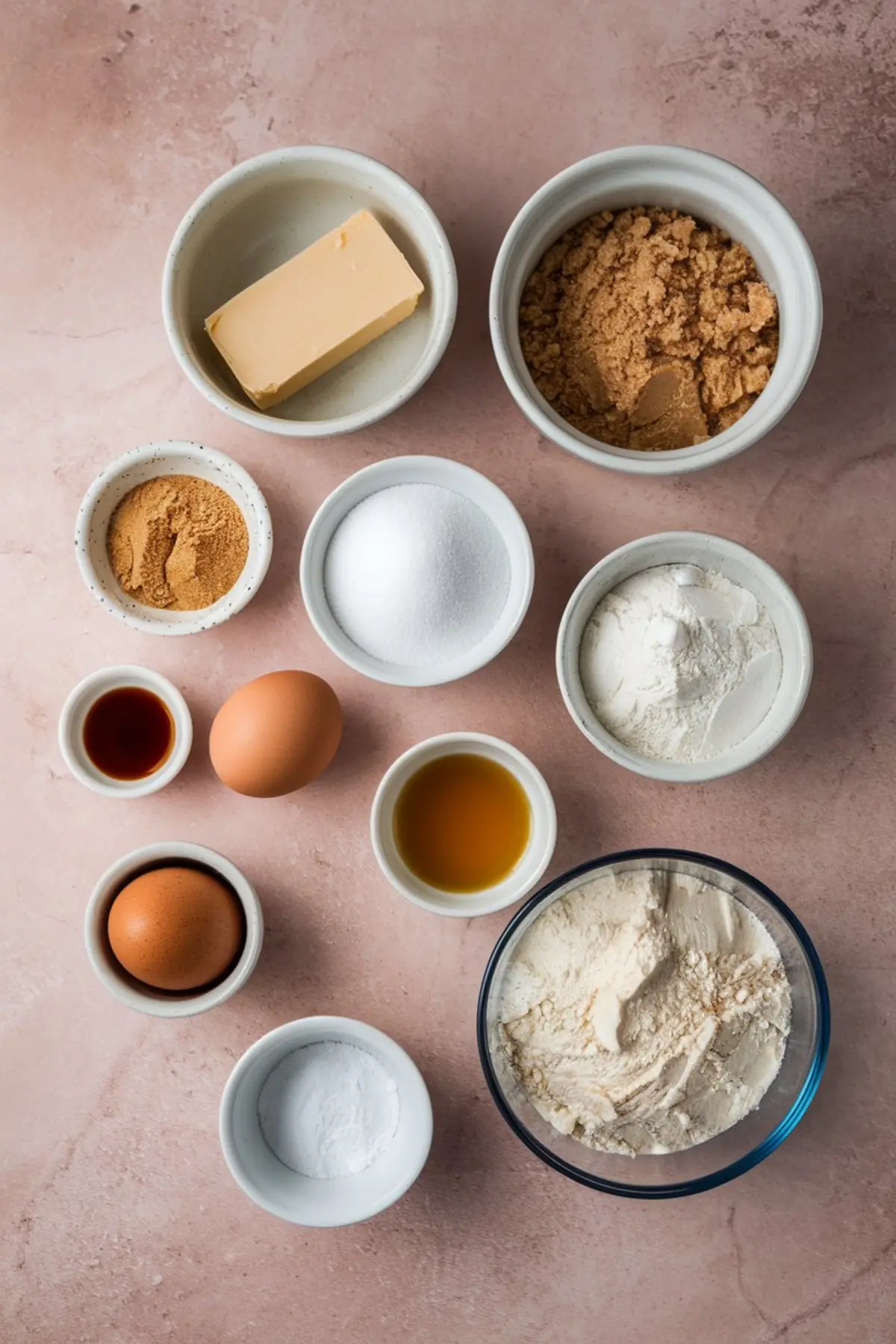 Flat lay of peanut butter cookie ingredients arranged in small bowls on a blush pink surface, including butter, brown sugar, granulated sugar, eggs, vanilla extract, flour, baking powder, and peanut butter.