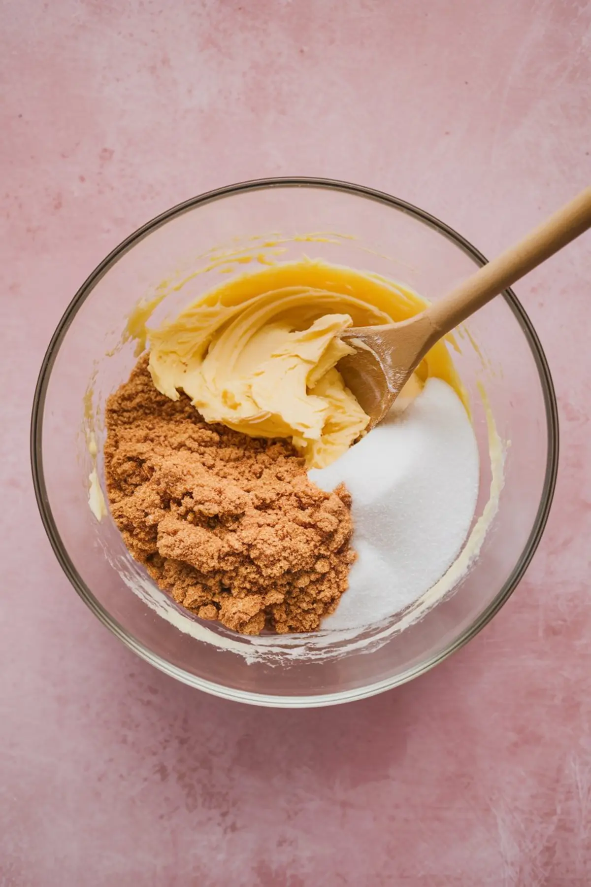 Mixing bowl with butter, brown sugar, and white sugar being creamed together with a wooden spoon, captured mid-preparation on a pink background.