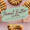 Overhead collage showing golden peanut butter cookies with a deep crisscross fork pattern on a pink surface, paired with a close-up of a stacked cookie trio on a ceramic plate, with the top cookie partially bitten.