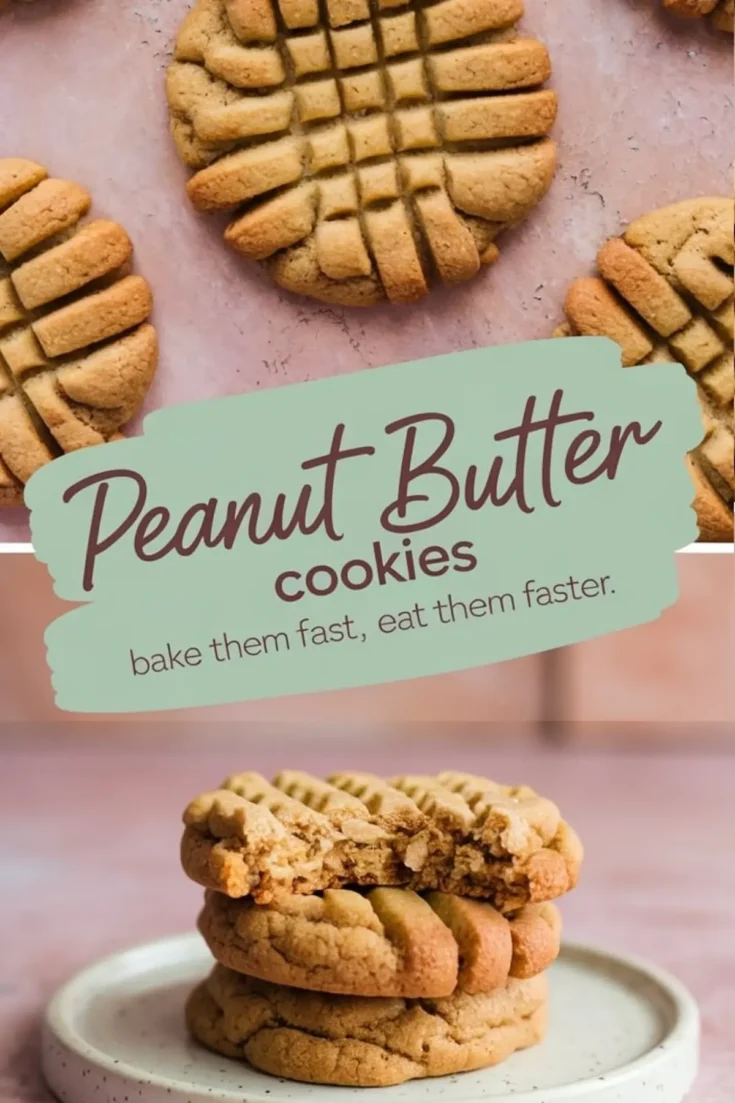 Overhead collage showing golden peanut butter cookies with a deep crisscross fork pattern on a pink surface, paired with a close-up of a stacked cookie trio on a ceramic plate, with the top cookie partially bitten.