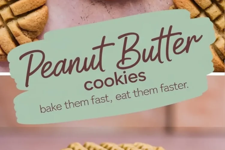 Overhead collage showing golden peanut butter cookies with a deep crisscross fork pattern on a pink surface, paired with a close-up of a stacked cookie trio on a ceramic plate, with the top cookie partially bitten.