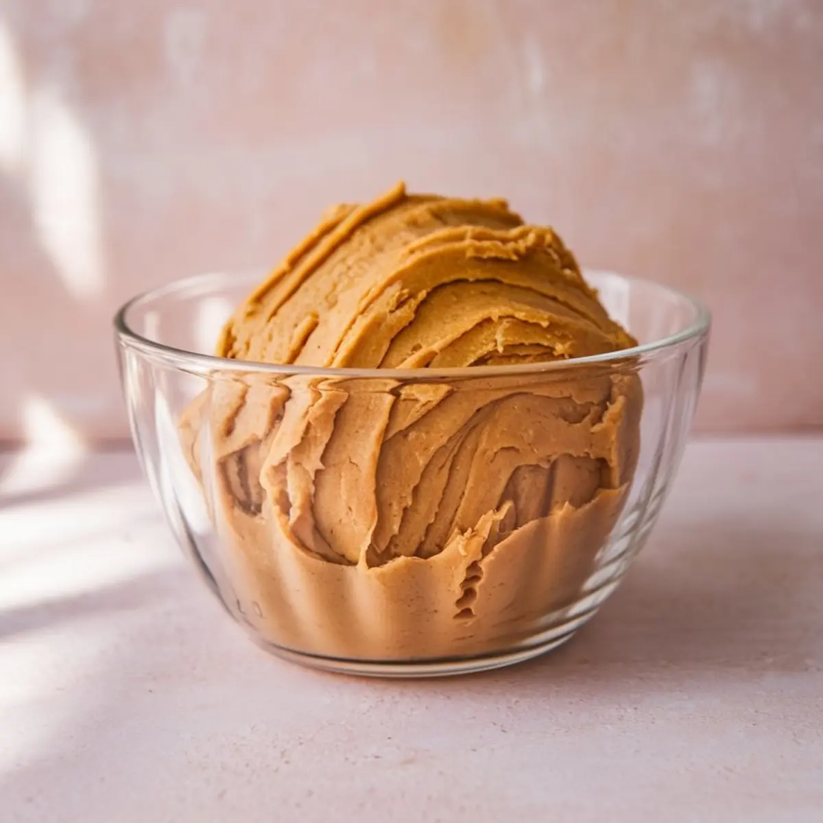Thick and smooth peanut butter cookie dough swirled in a glass bowl, set against a softly lit pink background.