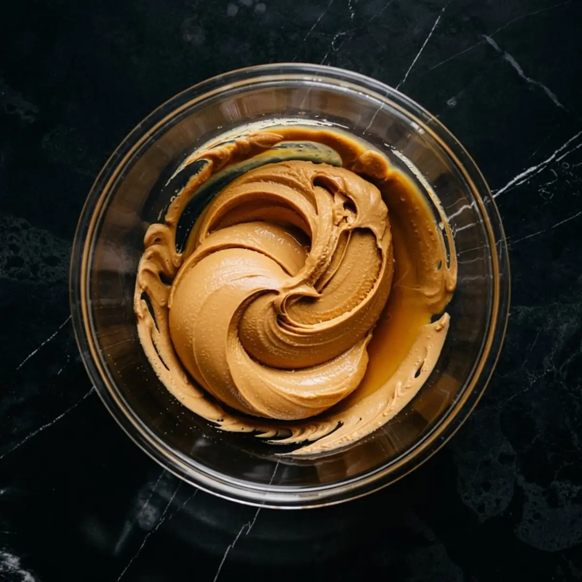 Swirled creamy peanut butter and honey mixture in a glass bowl, set against a black marble background, prepared as a base for making healthy protein balls.