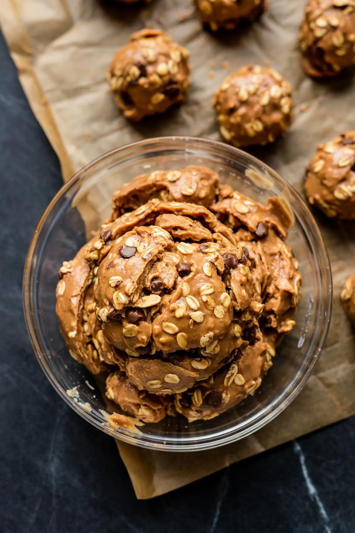 Glass bowl filled with thick oatmeal chocolate chip protein ball dough, surrounded by scooped-out portions of the dough on a baking sheet lined with parchment paper.