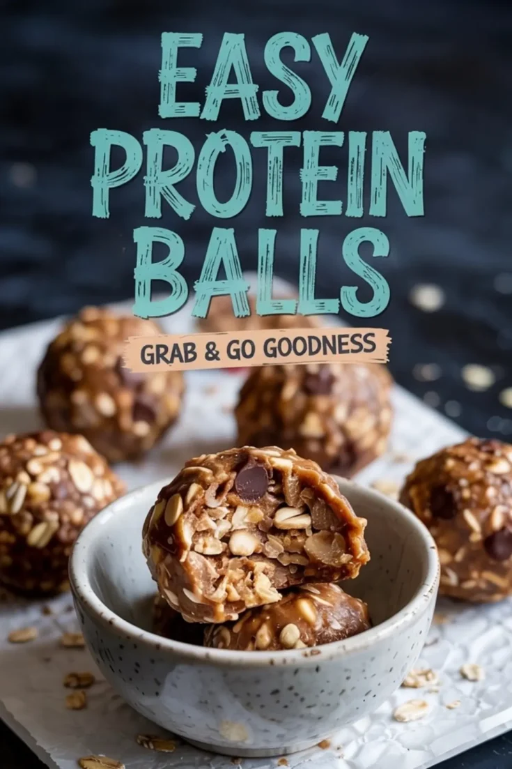 Small ceramic bowl holding oatmeal chocolate chip protein balls with one ball cut open to show the textured interior, captioned with “Easy Protein Balls Grab & Go Goodness.”