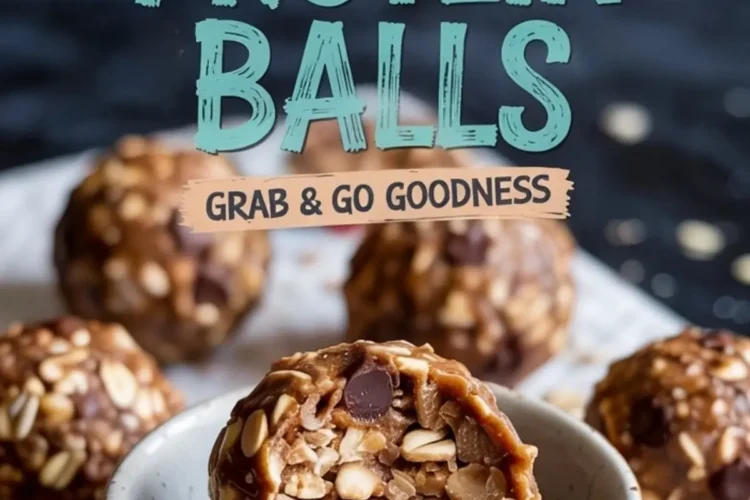 Small ceramic bowl holding oatmeal chocolate chip protein balls with one ball cut open to show the textured interior, captioned with “Easy Protein Balls Grab & Go Goodness.”