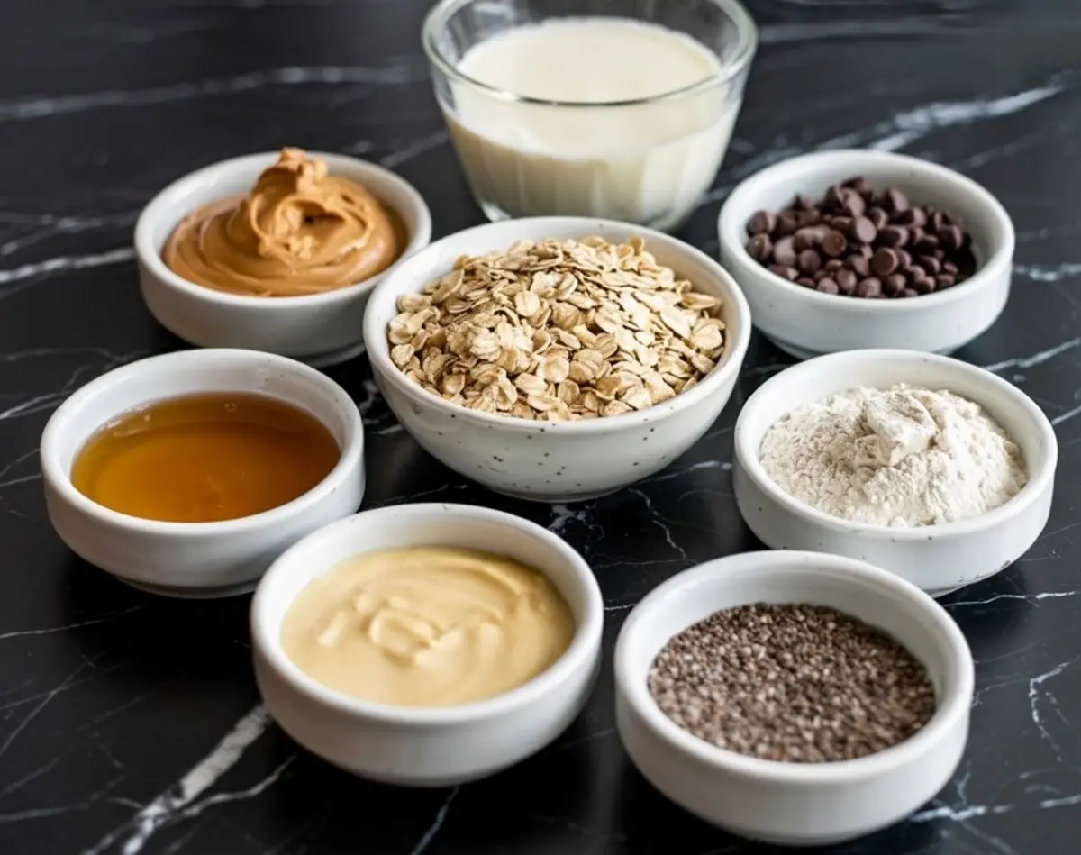 Assorted ingredients for protein balls including rolled oats, peanut butter, chocolate chips, chia seeds, honey, protein powder, yogurt, and milk, neatly arranged in white bowls on a black marble countertop.