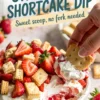Close-up of strawberry shortcake dip topped with fresh sliced strawberries and cookie chunks, with a hand dipping a cracker into the creamy dessert. Bold text overlay reads “Strawberry Shortcake Dip – Sweet scoop, no fork needed.”
