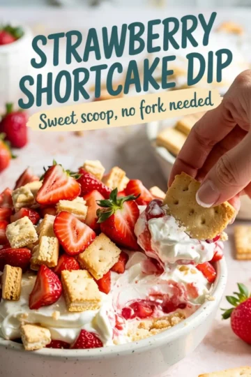 Close-up of strawberry shortcake dip topped with fresh sliced strawberries and cookie chunks, with a hand dipping a cracker into the creamy dessert. Bold text overlay reads “Strawberry Shortcake Dip – Sweet scoop, no fork needed.”