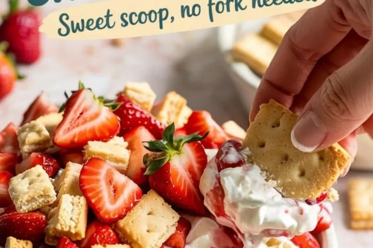 Close-up of strawberry shortcake dip topped with fresh sliced strawberries and cookie chunks, with a hand dipping a cracker into the creamy dessert. Bold text overlay reads “Strawberry Shortcake Dip – Sweet scoop, no fork needed.”