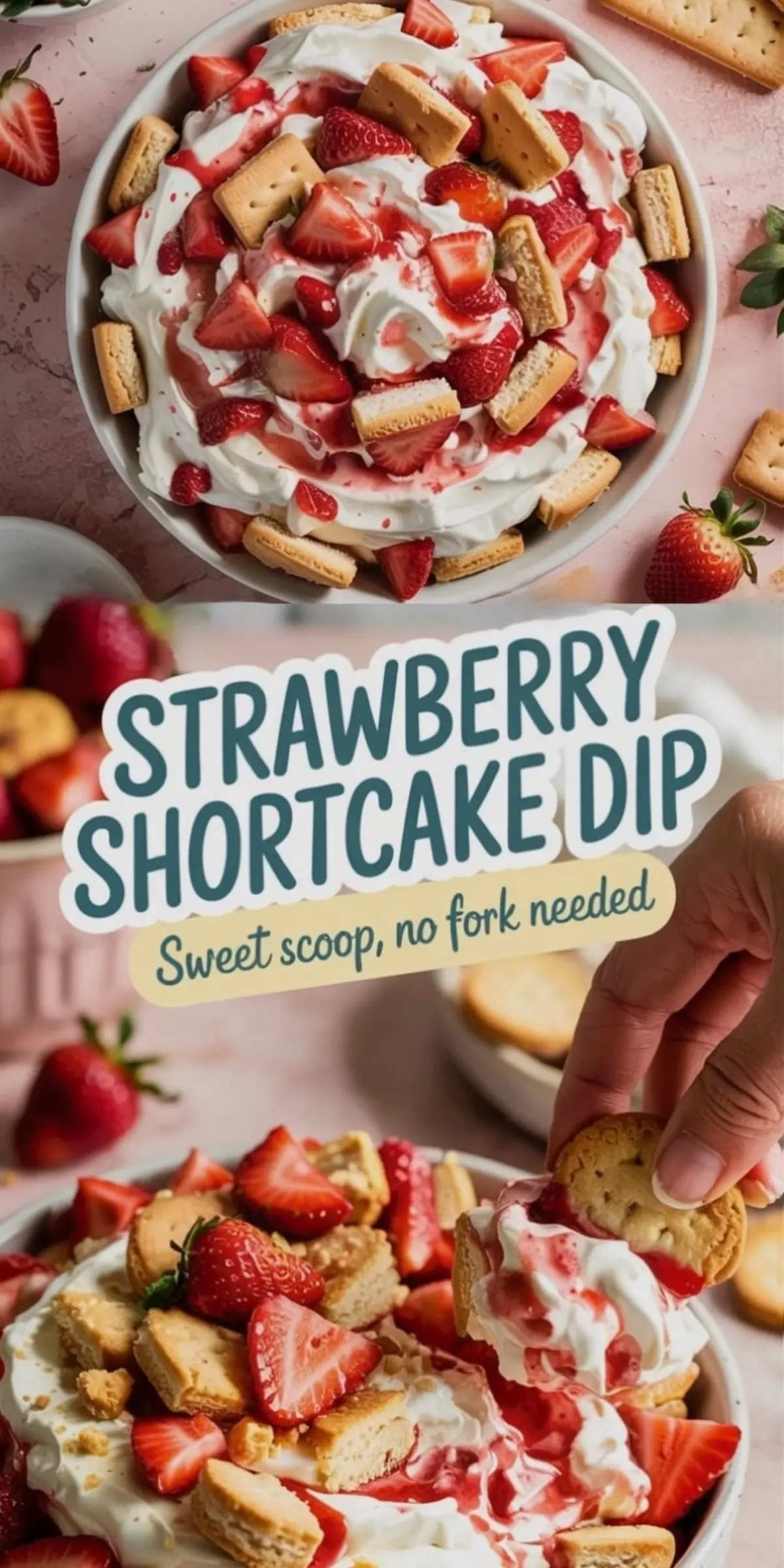 Overhead and close-up collage of a strawberry shortcake dip served in a large bowl, layered with whipped cream, sliced strawberries, shortbread cookie chunks, and strawberry sauce. The top view shows a full bowl on a pink surface with fresh strawberries, while the bottom view highlights a hand scooping the creamy dessert with a cookie.
