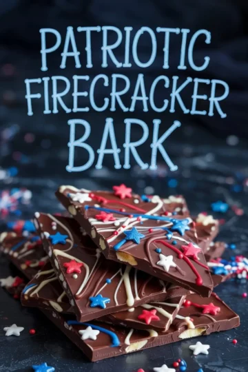 Stack of patriotic chocolate bark pieces layered on a white plate, topped with red, white, and blue candy drizzle and festive sprinkles, creating a colorful and celebratory dessert presentation.