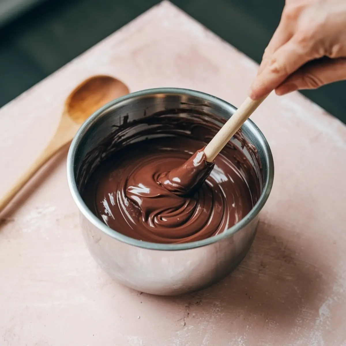 Melted chocolate being stirred smoothly in a metal mixing bowl with a wooden spatula, ideal for dessert preparation and candy making, set on a rustic pink surface.