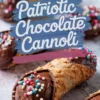 Patriotic chocolate cannoli decorated with red, white, and blue sprinkles, featuring crisp, golden-brown shells and rich chocolate ends, presented with artistic brushstroke text overlay celebrating the dessert.
