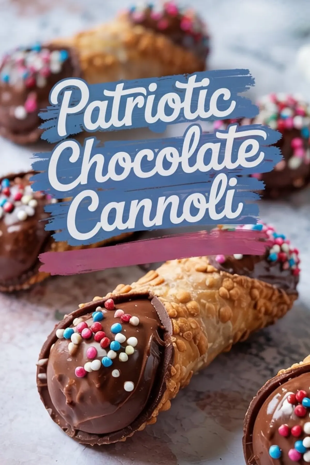 Patriotic chocolate cannoli decorated with red, white, and blue sprinkles, featuring crisp, golden-brown shells and rich chocolate ends, presented with artistic brushstroke text overlay celebrating the dessert.