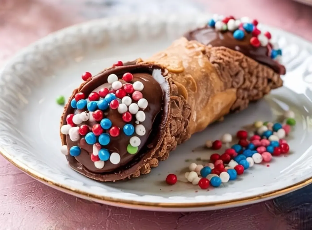 Close-up of a single chocolate-dipped cannoli with crunchy red, white, and blue sprinkles on a vintage-style white plate with gold trim, surrounded by scattered colorful sprinkles.