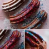 Collage of chocolate churros decorated with red, white, and blue edible glitter, featuring close-up shots of the sparkling churros on a pink background and a detailed bite revealing the rich chocolate center.