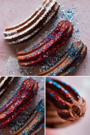 Collage of chocolate churros decorated with red, white, and blue edible glitter, featuring close-up shots of the sparkling churros on a pink background and a detailed bite revealing the rich chocolate center.