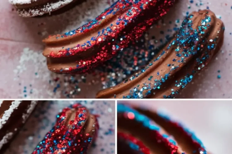 Collage of chocolate churros decorated with red, white, and blue edible glitter, featuring close-up shots of the sparkling churros on a pink background and a detailed bite revealing the rich chocolate center.