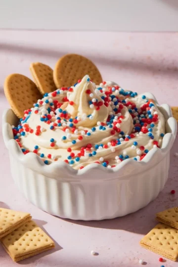 Whipped funfetti dip swirled high with red, white, and blue sprinkles in a white scalloped bowl, garnished with round biscuits and surrounded by graham crackers on a pastel pink background.