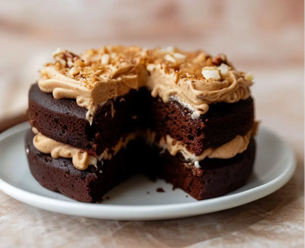 A sliced German chocolate cake with rich dark chocolate layers, filled and topped with thick, fluffy coconut pecan frosting, displayed on a white plate.