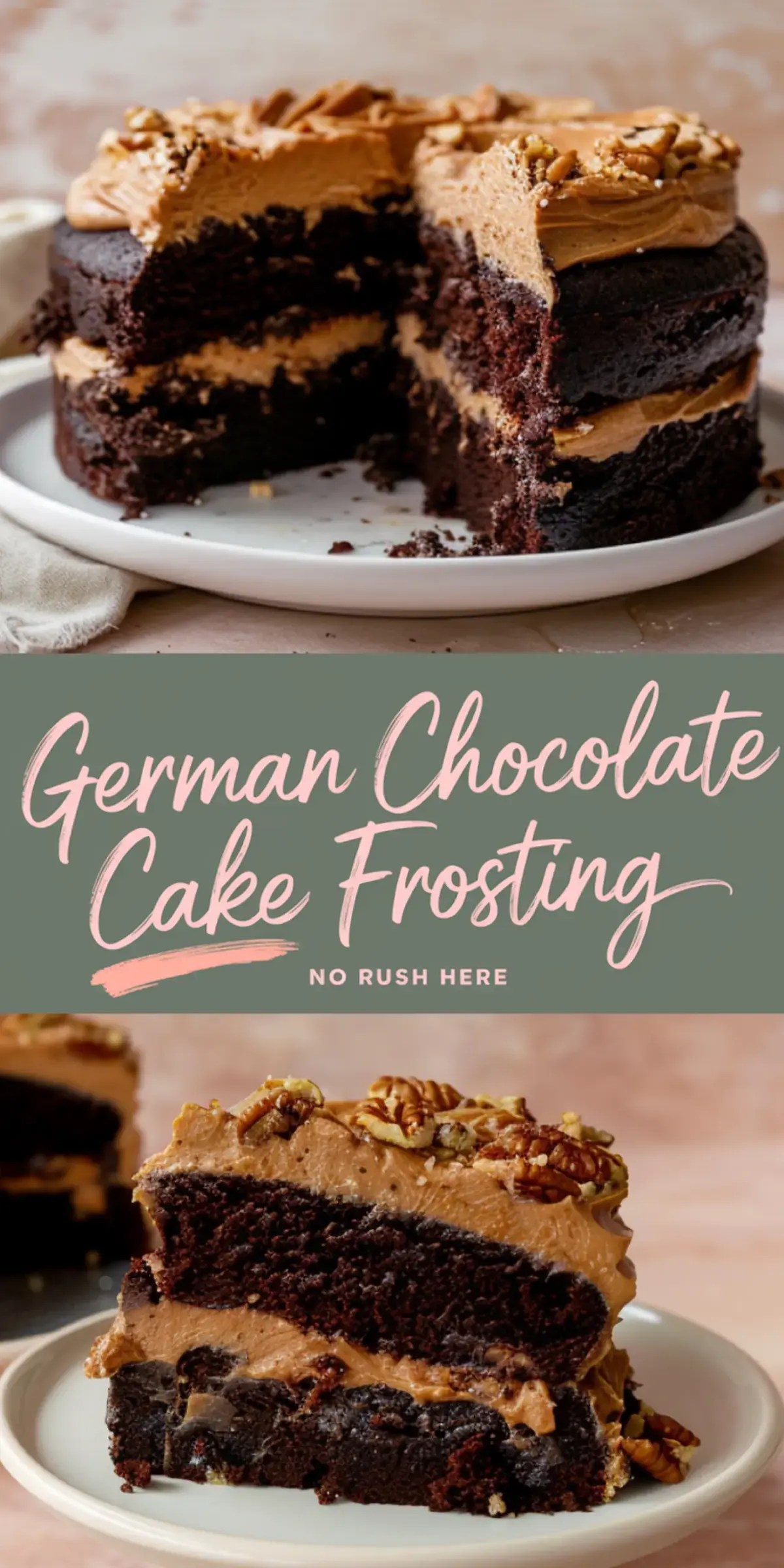 A collage with a chocolate cake topped with thick frosting and pecans, half-sliced to reveal the interior, paired with a plate holding one slice, and the text “German Chocolate Cake Frosting”.