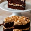 A collage showing a single slice of German chocolate cake on a cake stand and the remaining cake with a slice cut out, with toasted coconut and pecan frosting.