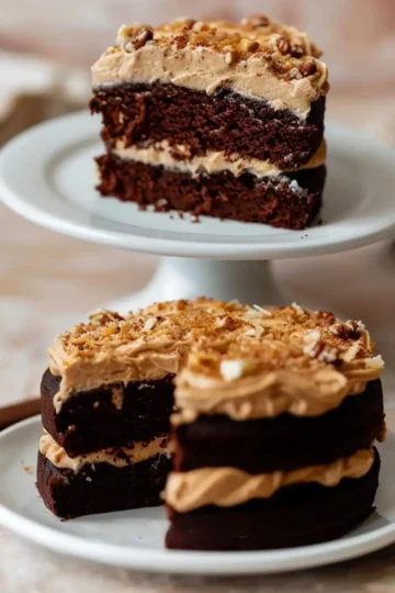 A collage showing a single slice of German chocolate cake on a cake stand and the remaining cake with a slice cut out, with toasted coconut and pecan frosting.