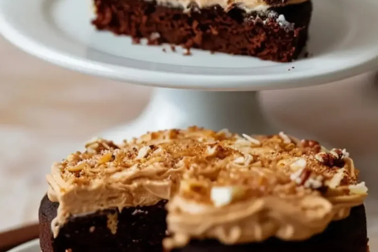 A collage showing a single slice of German chocolate cake on a cake stand and the remaining cake with a slice cut out, with toasted coconut and pecan frosting.